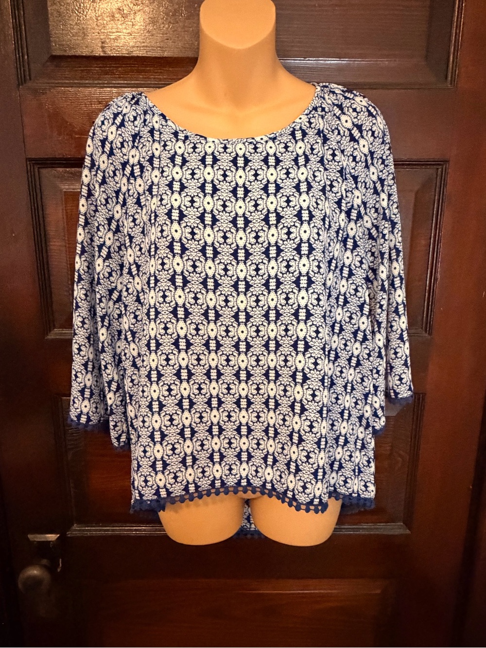 Xhilaration Navy and White Crochet-Hem Tunic Top